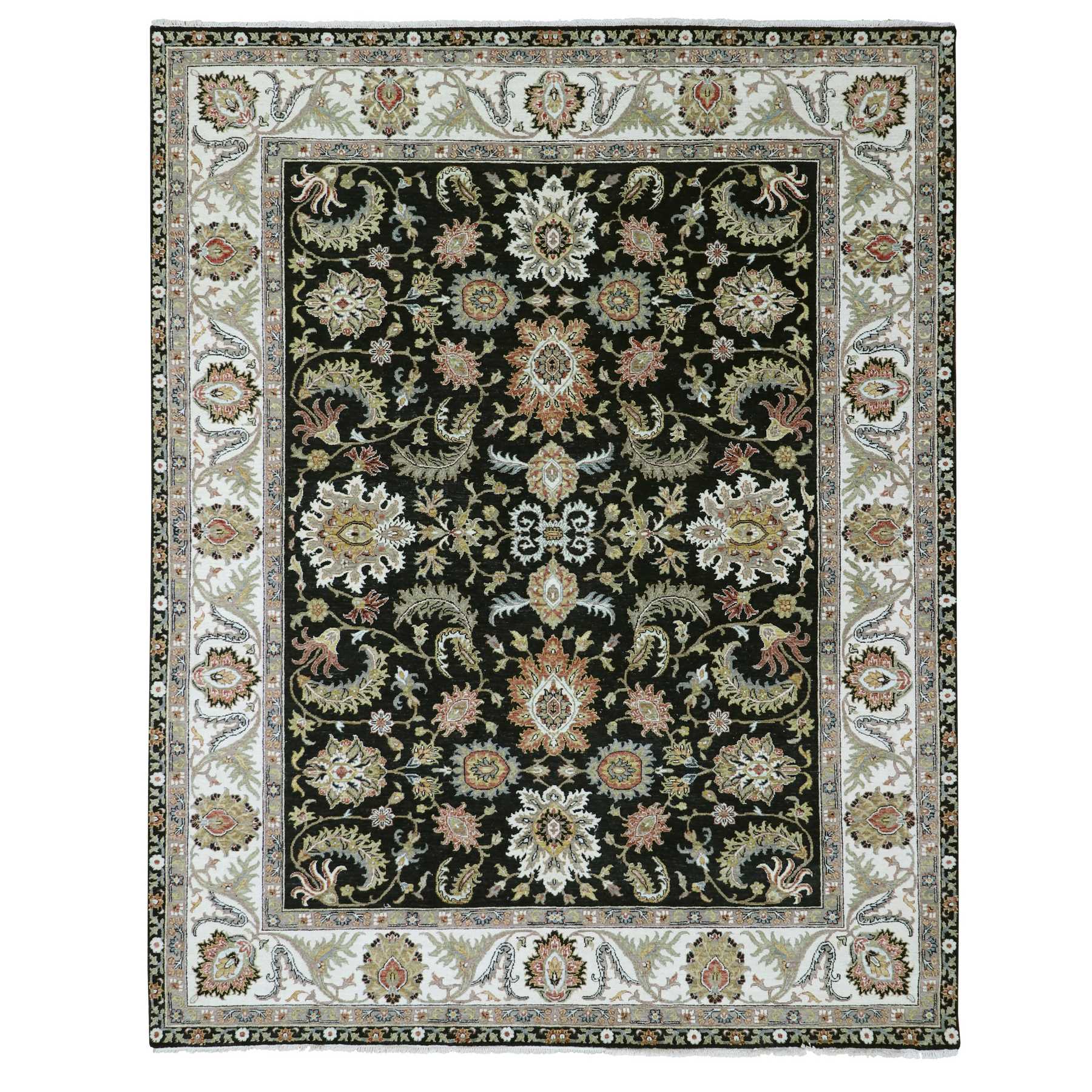 Caviar Black, Hand Knotted, Agra with Ziegler Design, Colorful Leaf Pattern, Vegetable Dyes, Pure Wool, Oriental Rug